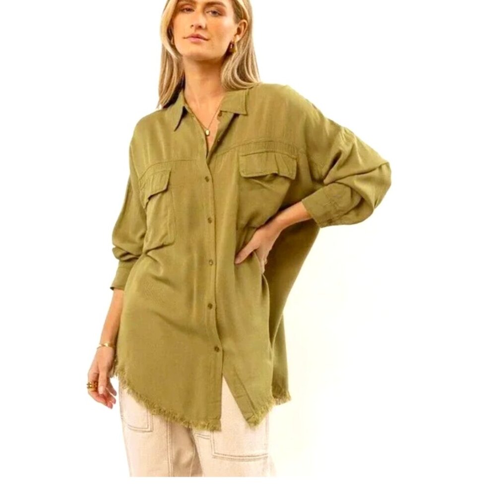 BOHME Olive Green Oversized Button Front Fringe Hem Boho Blouse Size S/M